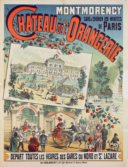 Travel poster advertising trips by train from Paris to the 'Chateau de l'Orangerie' at Montmorency de French School, (19th century)