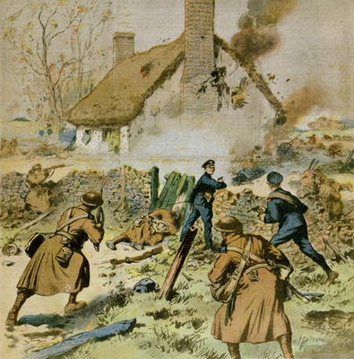 Attack by police and British troops on a farm occupied by the Sinn-Fein, cover of 'Le Petit Journal' de French School, (20th century)