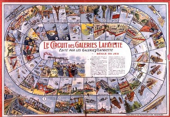 'Le Circuit des Galeries Lafayette': Game of Snakes and Ladders before 1914 (colour engraving) de French School, (20th century)