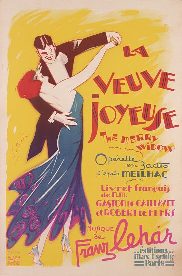 Poster advertising a production of the 'Merry Widow', by Franz Lehar , printed by Dola, Paris de French School, (20th century)