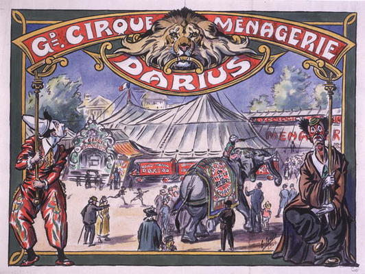 Poster advertising the 'Grand Cirque Menagerie Darius', 1924 (w/c on paper) de French School, (20th century)