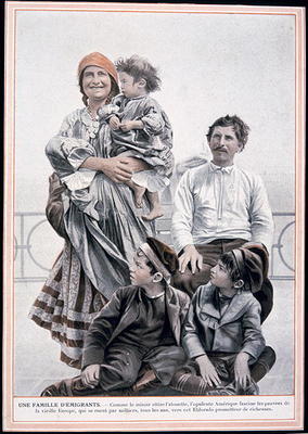 Poster of a European immigrant family on Ellis Island, 1910 (colour litho) de French School, (20th century)