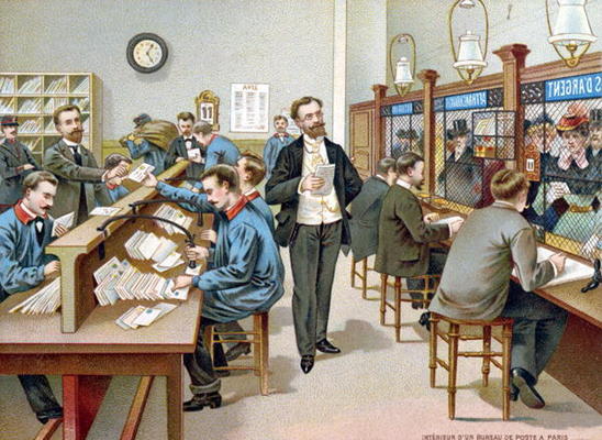 Sorting the Post in a Parisian Post Office, illustration from a Post Office calendar, 1904 (colour l de French School, (20th century)
