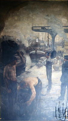 Workers unloading coal from a barge, early twentieth century (oil on canvas) de French School, (20th century)