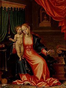 Madonna con niño en una recámara con flores de Friedrich Brentel