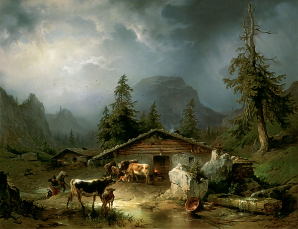 Alpine hut in Rainy Weather de Friedrich Gauermann