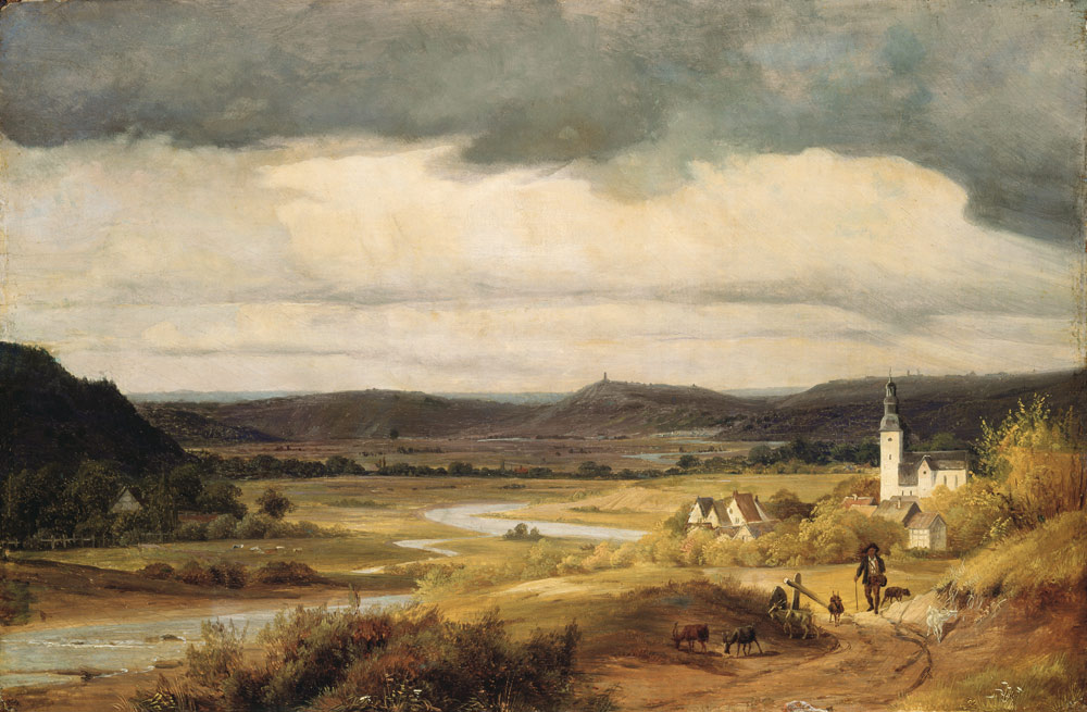 Deutsche Landschaft (Das Lennetal bei Hohensyburg mit der Kirche von Elsey) de Friedrich Heunert