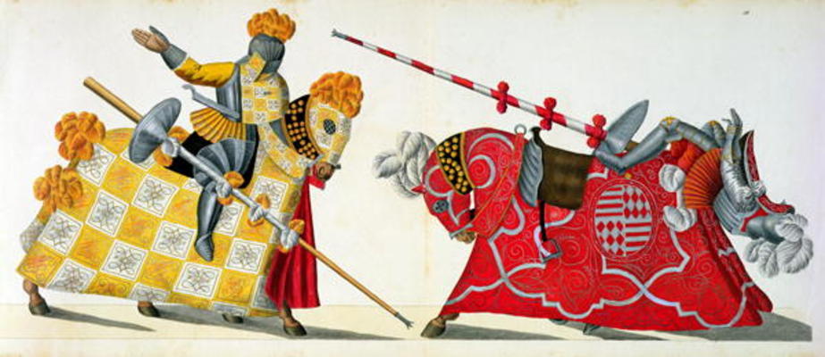 Two knights at a tournament, plate from 'A History of the Development and Customs of Chivalry', by D de Friedrich Martin von Reibisch