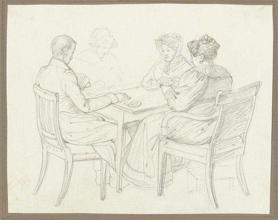 Ein Herr und drei Damen beim Kartenspiel de Friedrich Moosbrugger