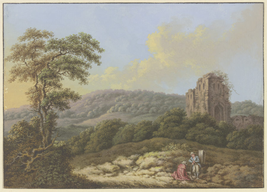 Landschaft mit einer Ruine, links ein hoher Baum, im Vordergrund zwei Wanderer de Friedrich Rauscher