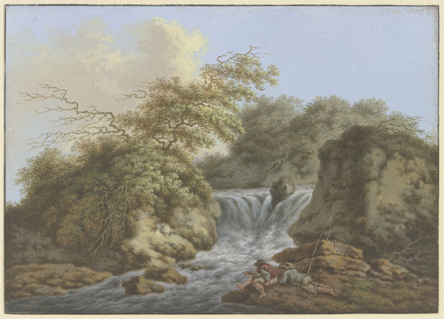 Wasserfall zwischen zwei Felsen, am Ufer rechts zwei Angler de Friedrich Rauscher