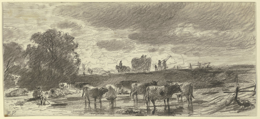 Landschaft in Gewitterstimmung mit einer Viehherde im Vordergrund und einem Erntewagen am Horizont de Friedrich Voltz
