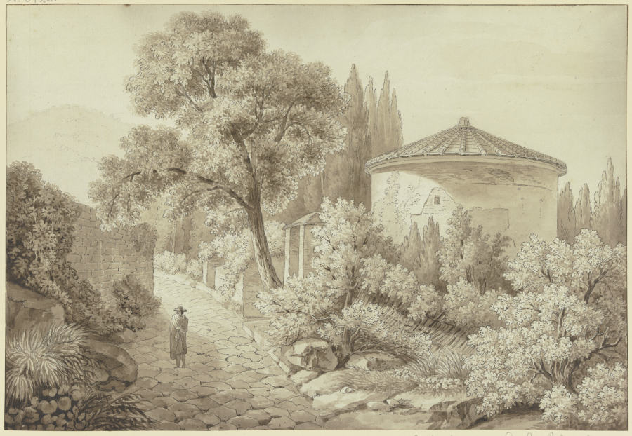 Antiker Tempel an der Via Appia bei Ariccia, rechts neben einer gepflasterten Straße steht ein Rundt de Friedrich Wilhelm Gmelin