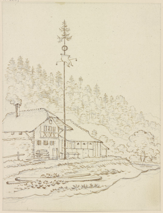 Bauernhäuser am Waldrand, davor ein Maibaum de Friedrich Wilhelm Hirt
