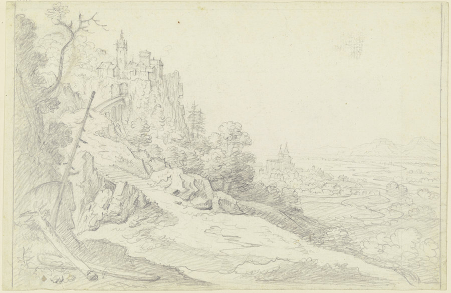 Gebirgslandschaft, links ein Felsenschloß, rechts Blick in eine Ebene mit einer Stadt de Friedrich Wilhelm Hirt