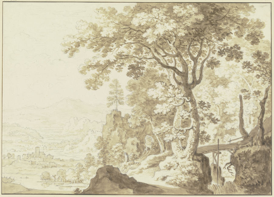 Gebirgslandschaft, links ein Talblick, rechts hohe Bäume und ein Steg über eine Schlucht de Friedrich Wilhelm Hirt