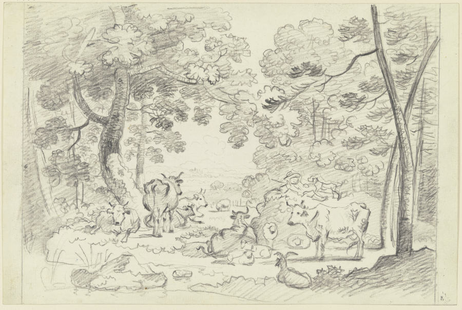Herde von Kühen und Schafen im Wald de Friedrich Wilhelm Hirt