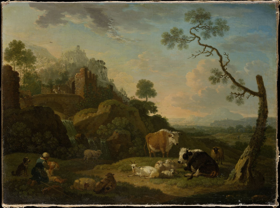 Landscape with a Herdswoman and Farm Animals de Friedrich Wilhelm Hirt