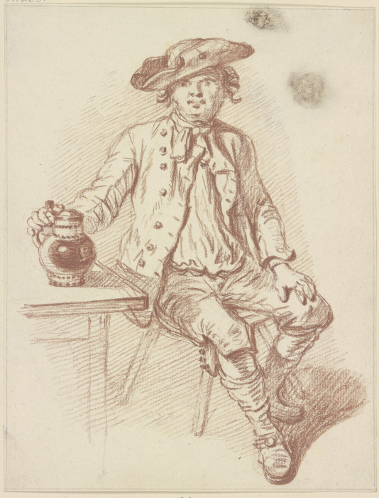 Neben einem Tisch sitzender Mann mit einem Krug de Friedrich Wilhelm Hirt