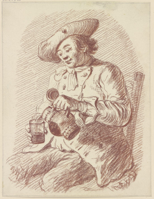 Sitzender Mann, aus einem Krug in ein Glas einschenkend de Friedrich Wilhelm Hirt