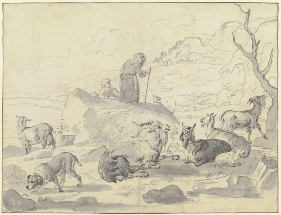 Ziegenherde mit einem Hund, hinter einem Felsblock eine alte Hirtin mit einem Kind de Friedrich Wilhelm Hirt