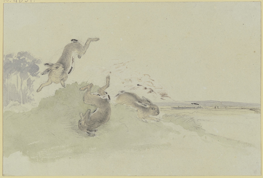 Drei Hasen erschrecken vor der Eisenbahn de Friedrich Wilhelm Keyl