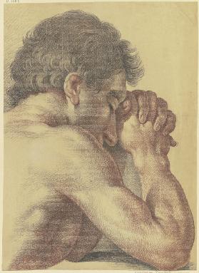 Brustbild eines betenden nackten Mannes, halb vom Rücken gesehen