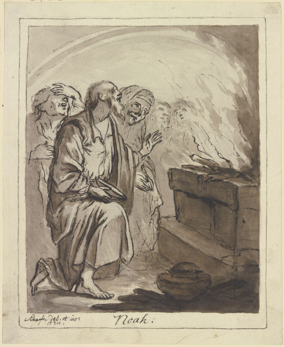 Noah mit seinen Angehörigen vor dem Opferaltar kniend de Friedrich Wilhelm Schäfer