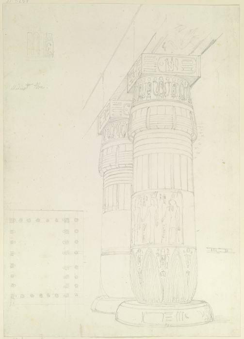 Ägyptische Säulen mit Architrav, daneben Grundriss eines Säulenhofes de Friedrich Maximilian Hessemer