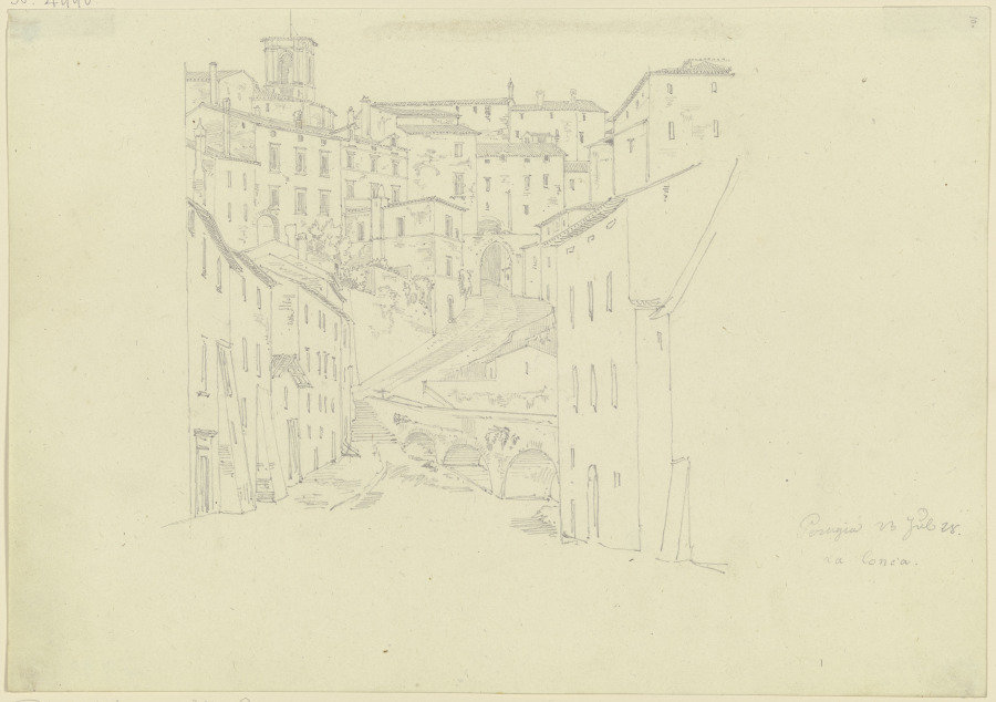 Die Via S. Ercolano mit der Porta Cornea in Perugia de Friedrich Maximilian Hessemer