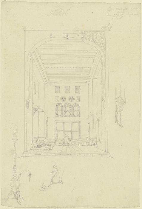 Mit Kissen ausgelegtes Interieur, links als Repoussoir eine qualmende Wasserpfeife sowie ein Detail  de Friedrich Maximilian Hessemer