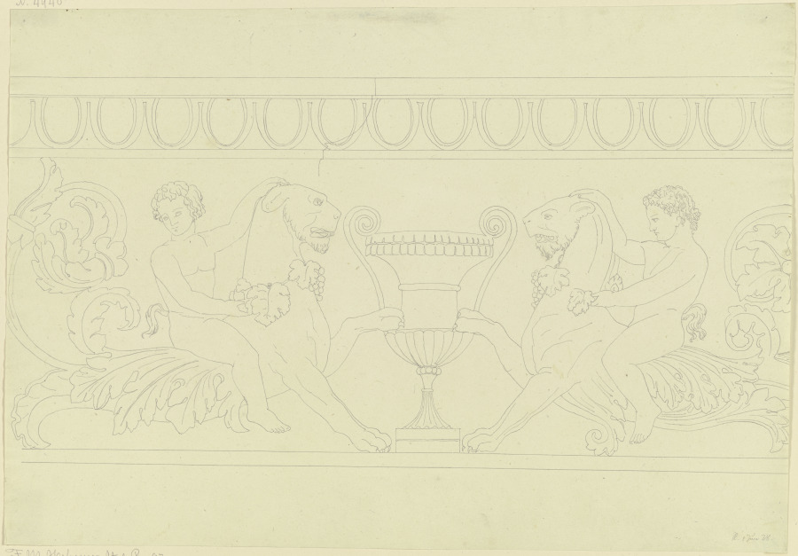Zwei auf mit Weinlaub geschmückten Löwen reitende Satyrn, eine Vase flankierend de Friedrich Maximilian Hessemer