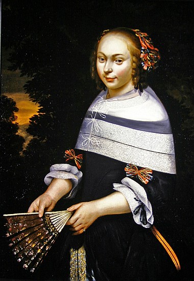 A portrait of a young girl holding a fan, a landscape beyond, c.1650 de Friesian School