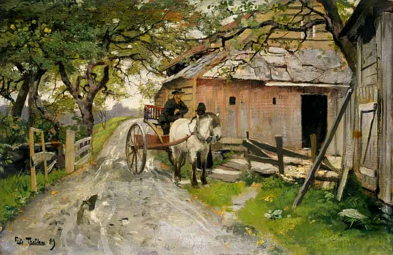 A small chat in front of the farmhouse. de Frits Thaulow