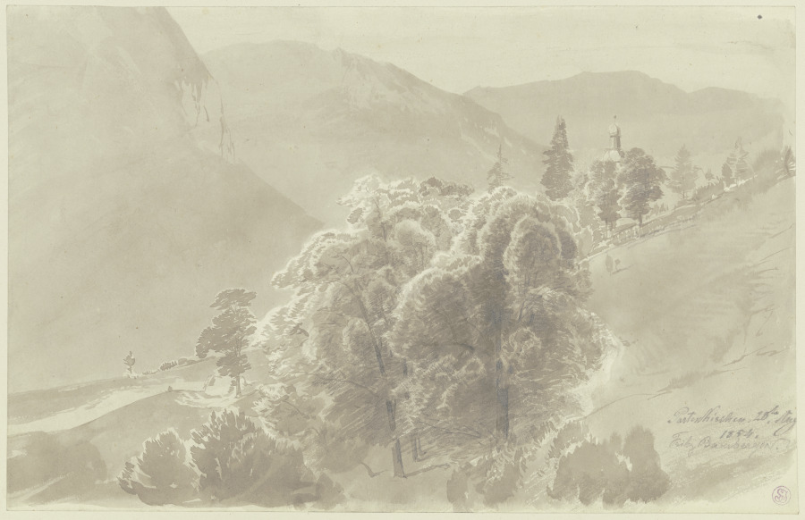 Gebirgslandschaft, im Vordergrund Baumgruppe, aus der ein Kirchturm hervorsieht de Fritz Bamberger