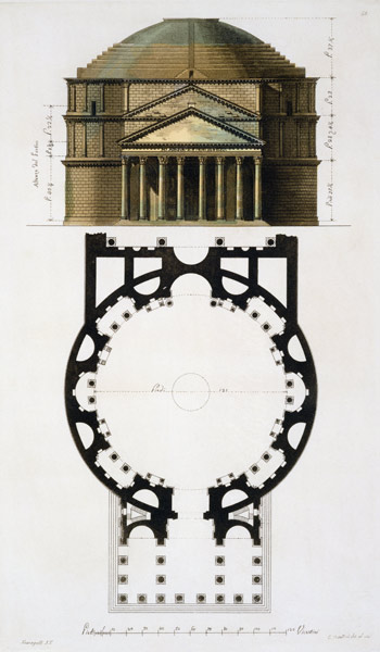 Ground plan and facade of the Pantheon, Rome, from 'Le Costume Ancien et Moderne' by Jules Ferrario, de Fumagalli