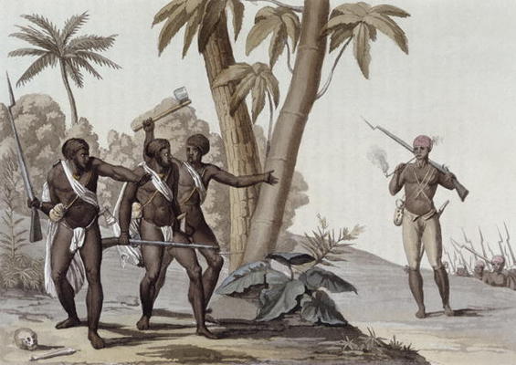 Freed slaves hunting down escaped slaves in Surinam, Guiana, illustration from 'Le Costume Ancien et de G. Bramati