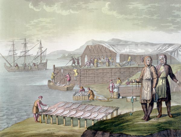 The fishing industry, Newfoundland, from 'Le Costume Ancien et Moderne', Volume II, plate 36, by Jul de G. Bramati