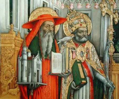 St. Jerome and St. Gregory, detail of left panel from The Virgin Enthroned with Saints Jerome, Grego de G. Vivarini