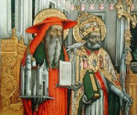 St. Jerome and St. Gregory, detail of left panel from The Virgin Enthroned with Saints Jerome, Grego