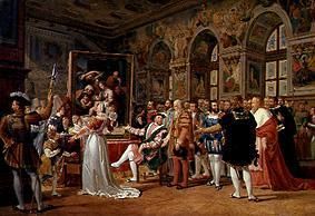 Raphael shows King Francis I. of France his work "Holy Family" de Gabriel Lemonnier