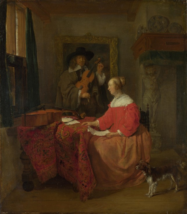 A Woman seated at a Table and a Man tuning a Violin de Gabriel Metsu