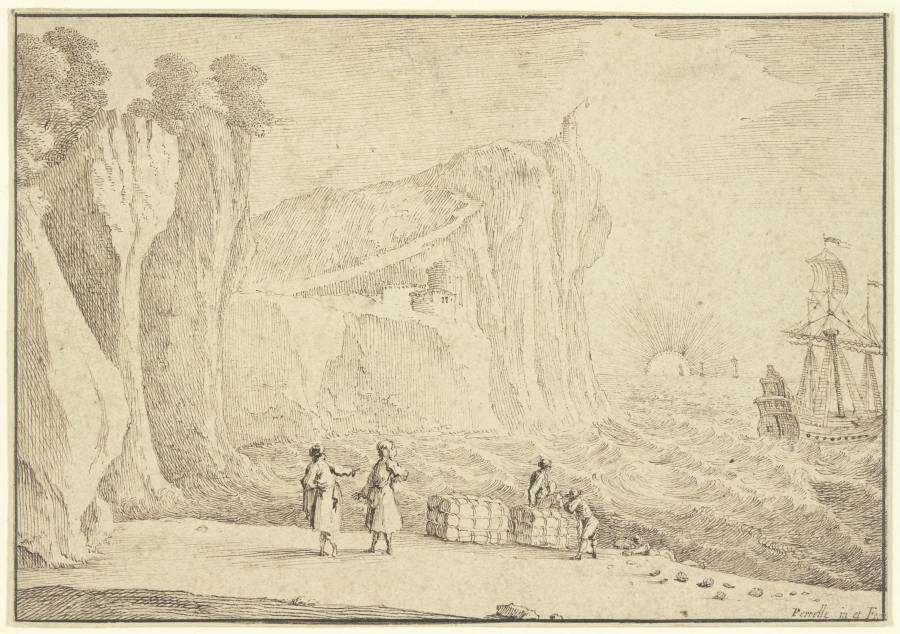 Meeresstrand an hohen Felsenufern, auf welchem ein Leuchtturm und ein Schloß stehen, vorne fünf Pers de Gabriel Perelle