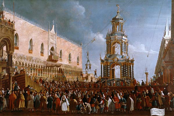 The Festival of Giovedi Grasso in the Piazzetta of San Marco, Venice de Gabriele Bella