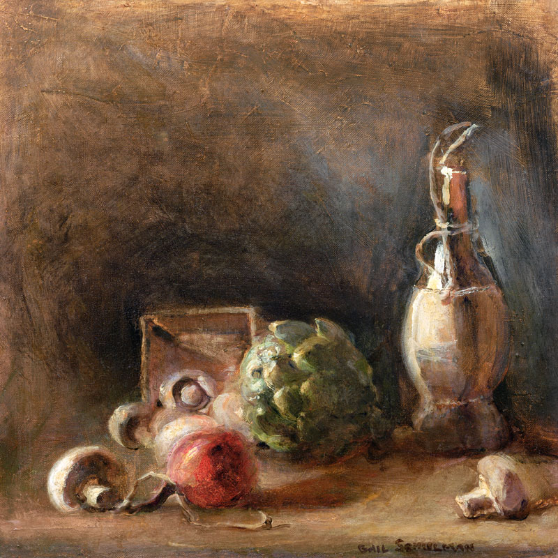 Wine Jug with Artichoke and Mushrooms (oil on canvas)  de Gail  Schulman