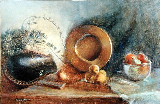 Brass Plate with Fruit and Black Wooden Bowl (oil on canvas)  de Gail  Schulman