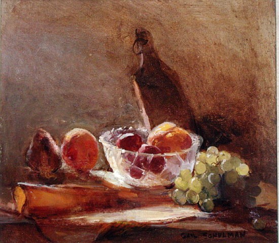 Glass Bowl with Fruit and a Cheese Board (oil on canvas)  de Gail  Schulman