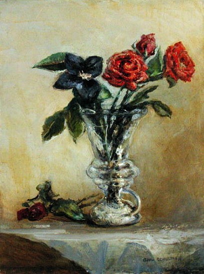 Two Roses in a Glass Vase with Opening Tulip (oil on canvas)  de Gail  Schulman