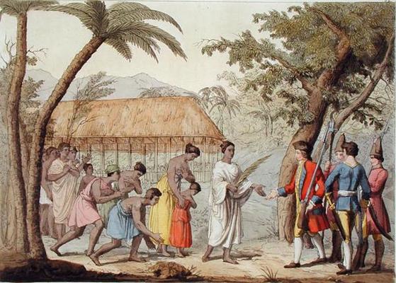 Captain Samuel Wallis (1728-1830) being received by Queen Oberea on the Island of Tahiti (colour lit de Gallo Gallina