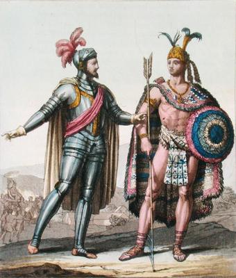 The Encounter between Hernan Cortes (1485-1547) and Montezuma II (1466-1520) from 'Le Costume Ancien de Gallo Gallina